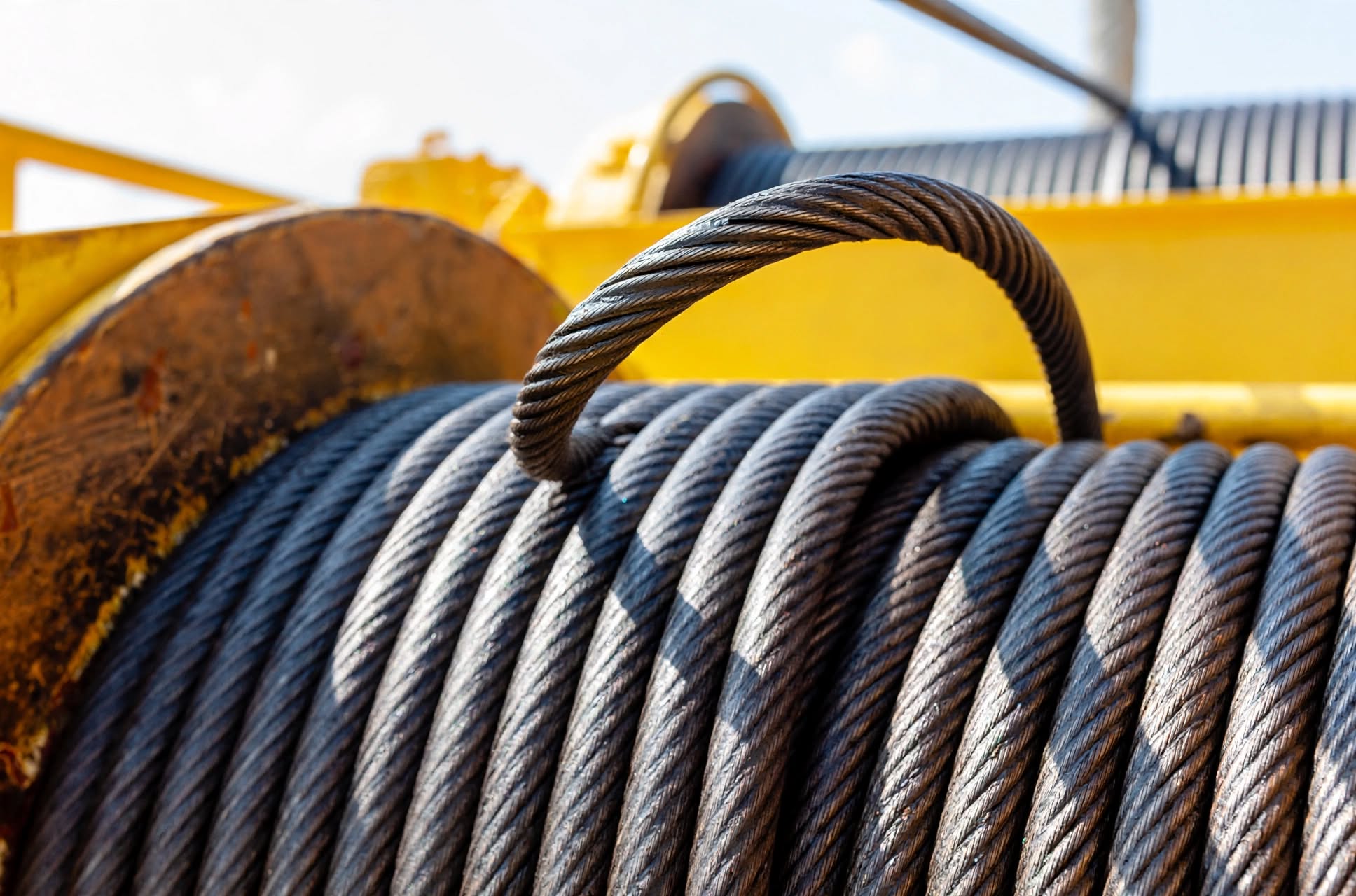 Heavy steel wire rope wound neatly around an industrial crane hoist drum