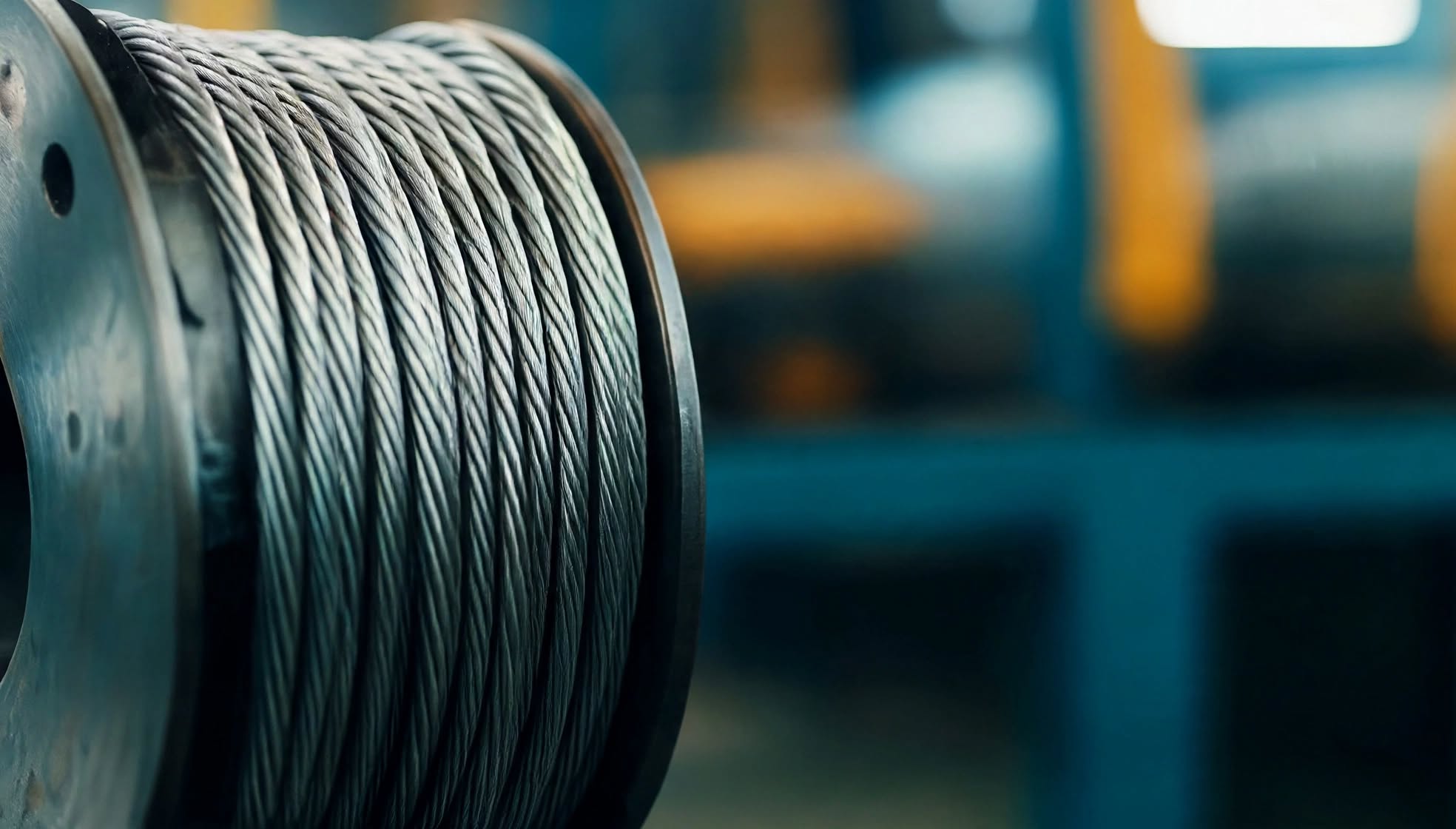 Commercial steel wire rope spool rotating in an industrial warehouse