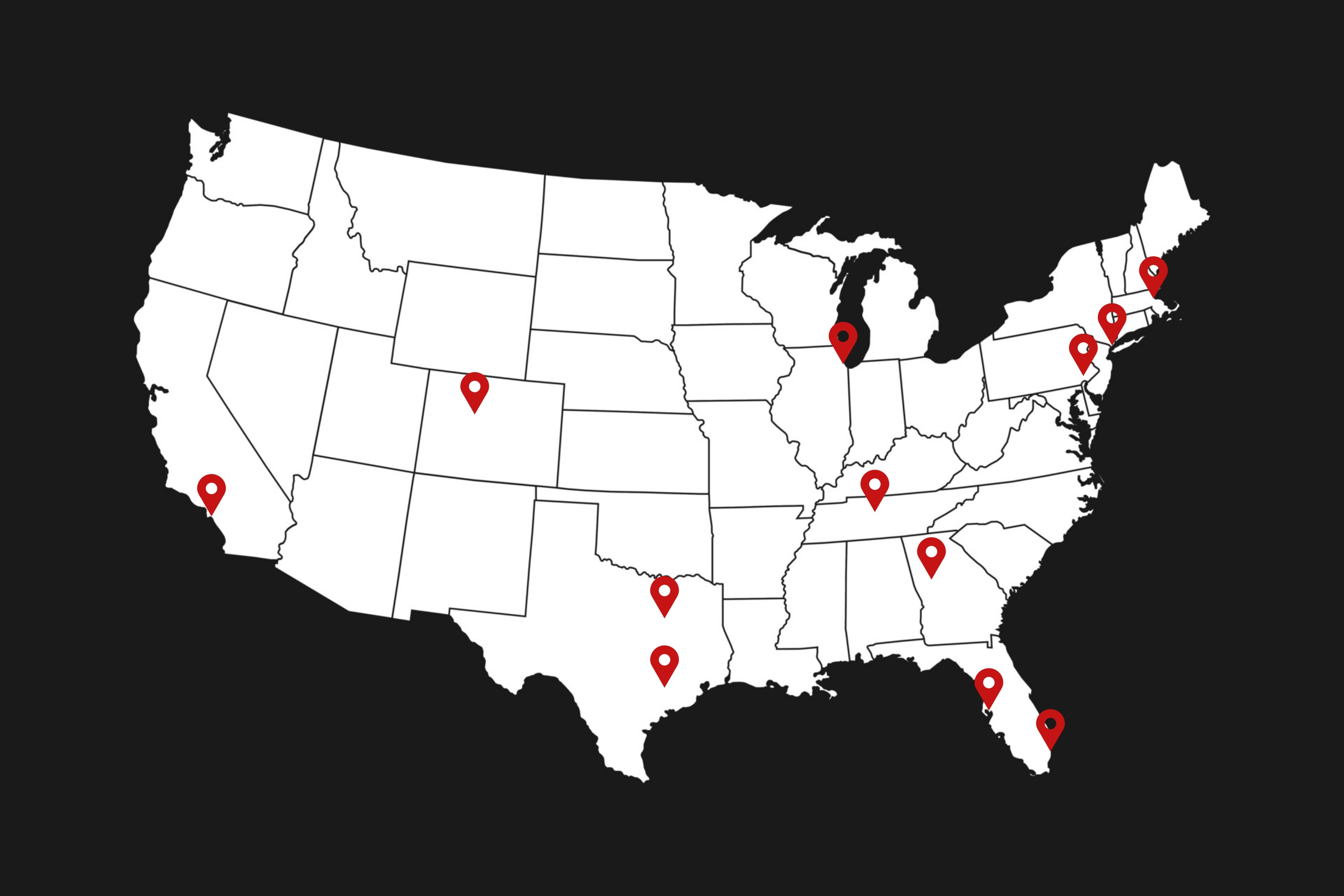 Map highlighting selected U.S. project markets; international markets are not shown