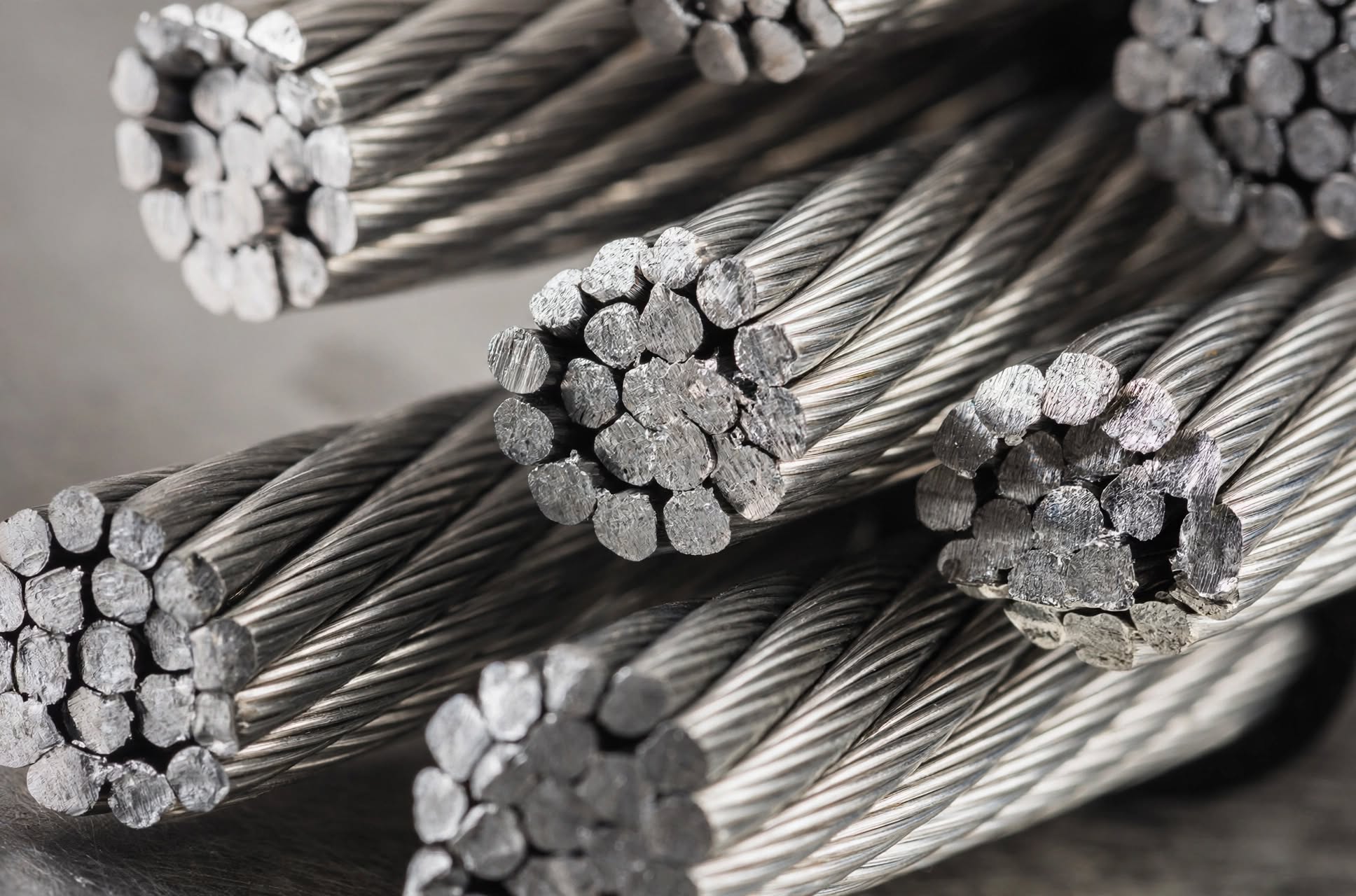 Macro detail of cut steel wire rope strands displaying individual wire geometry